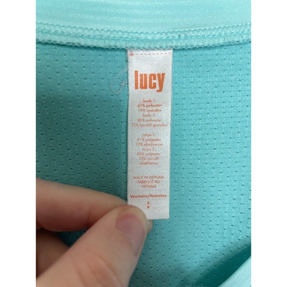 Lucy Small Athletic Top Teal Blue Mesh Short Sleeve Drawstring Reflective Strips - Picture 6 of 9